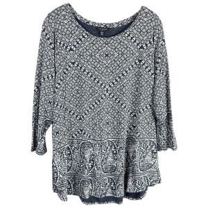 Lucky Brand Plus Size 2X Top Navy Blue White Knit Floral Diamond‎ Scoop Neck 795